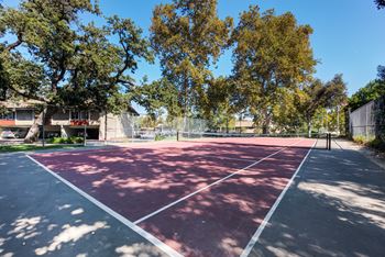 A tennis court with a red surface and white lines is surrounded by trees and a fence.